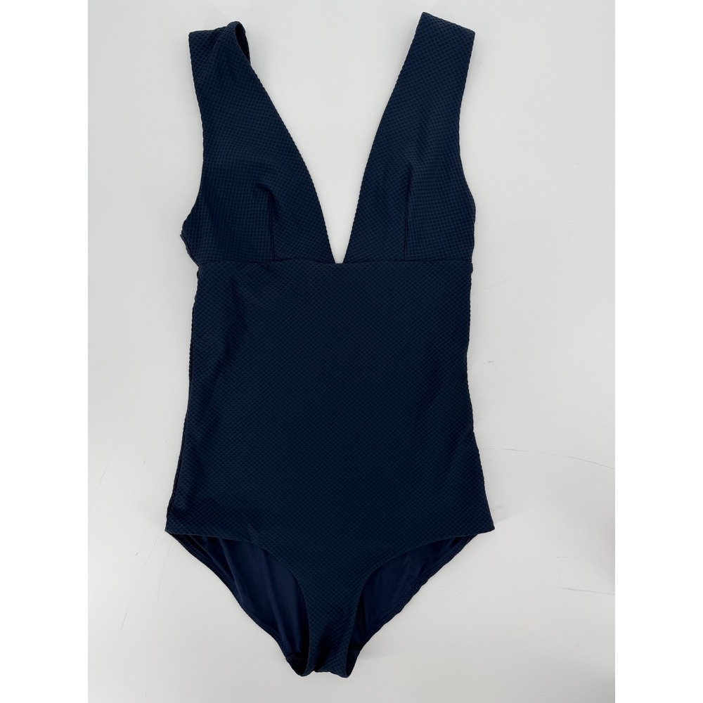 & Other Stories Paris Atelier Navy Blue Textured Plunging V-Neck Swimsuit Size 4